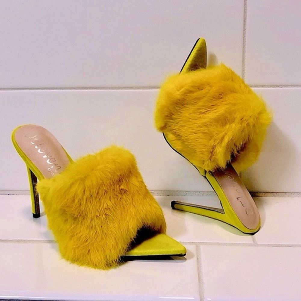 Yellow Angora Fur Heels size 8.5
